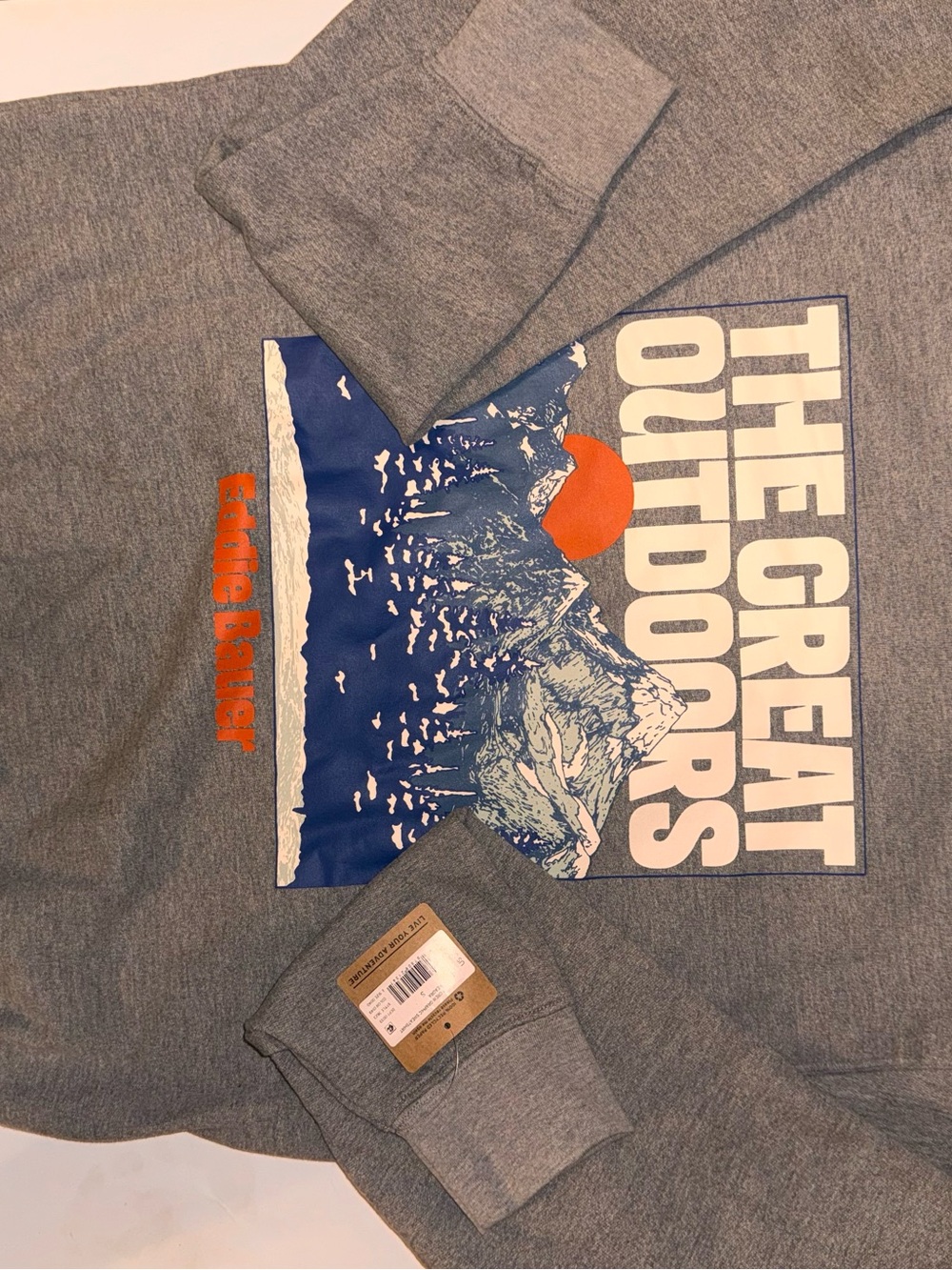 Eddie Bauer Grey Crewneck with Blue & Orange Mountain Graphic